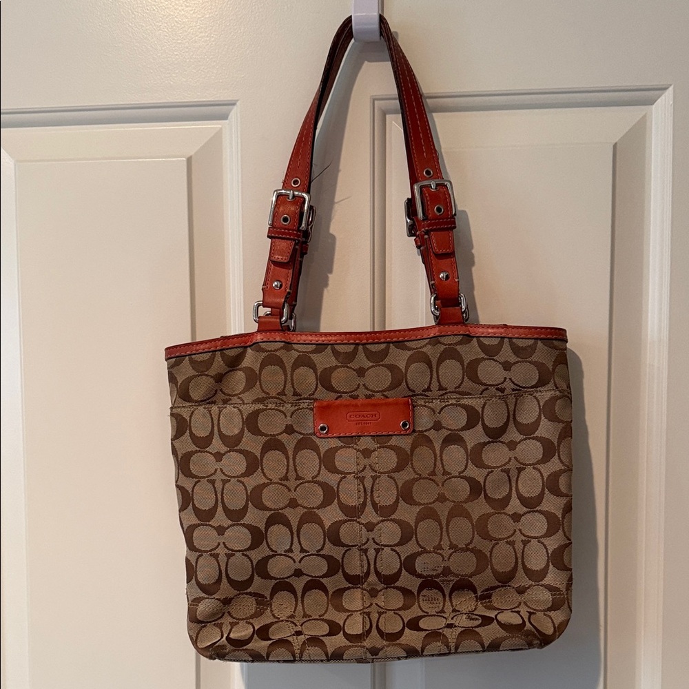 Coach Brown and Red Signature Tote and Matching Wallet
